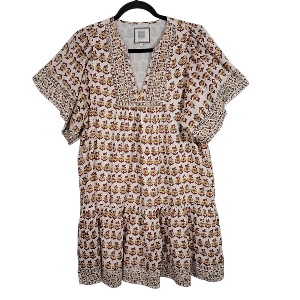 Bell by Alicia Bell Beige Floral Cotton Silk Tiered Mini Dress Medium Resort